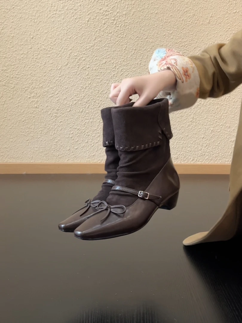 Pokoy-3.5cm法式小方头蝴蝶结一字带瘦瘦靴绒面拼接内增高短靴