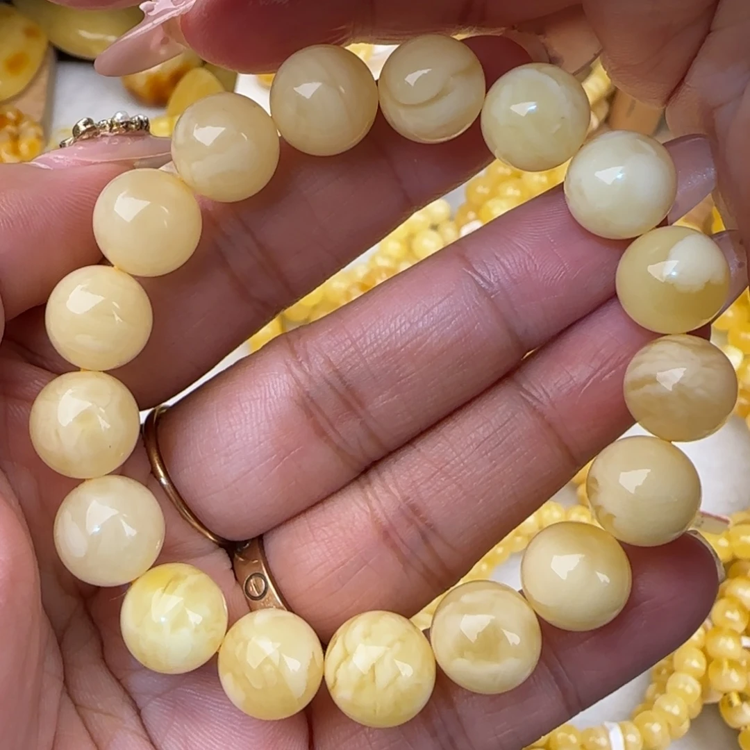 蜜蜡未镶嵌手链白花圆珠手串