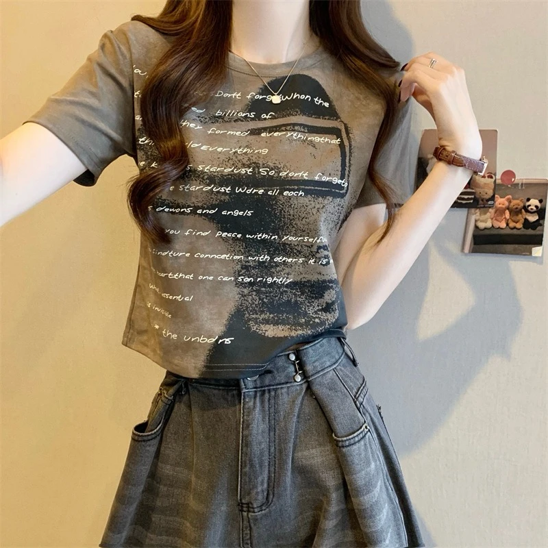 法式别致减龄扎染正肩短袖T恤女夏季设计感漂亮小衫短款洋气上衣