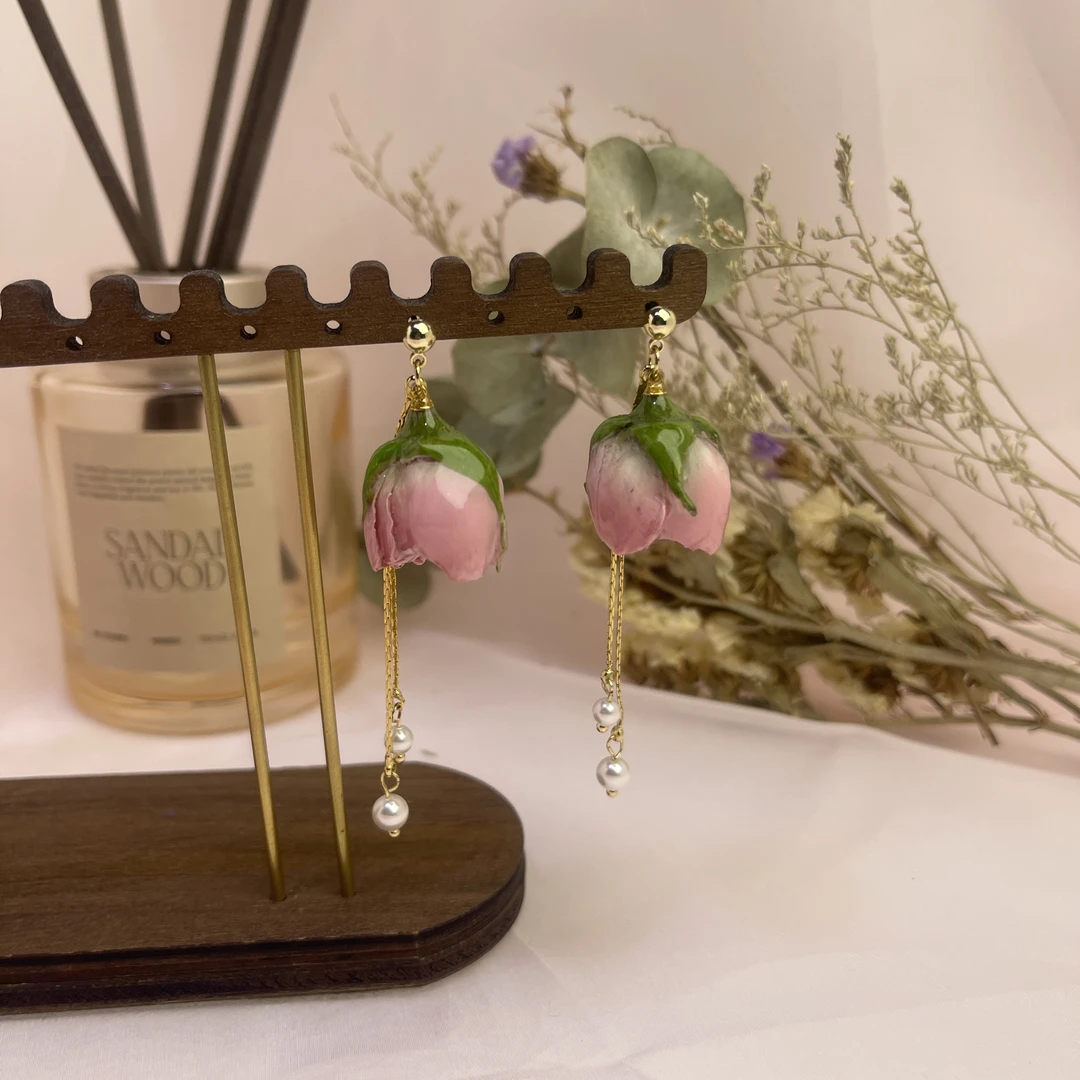 铜合金树脂耳饰 天然植物真花蔷薇温柔甜美风耳环