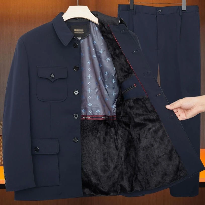 春秋冬季中山装男中老年人中山服套装老人外套爸爸爷爷装加绒加厚