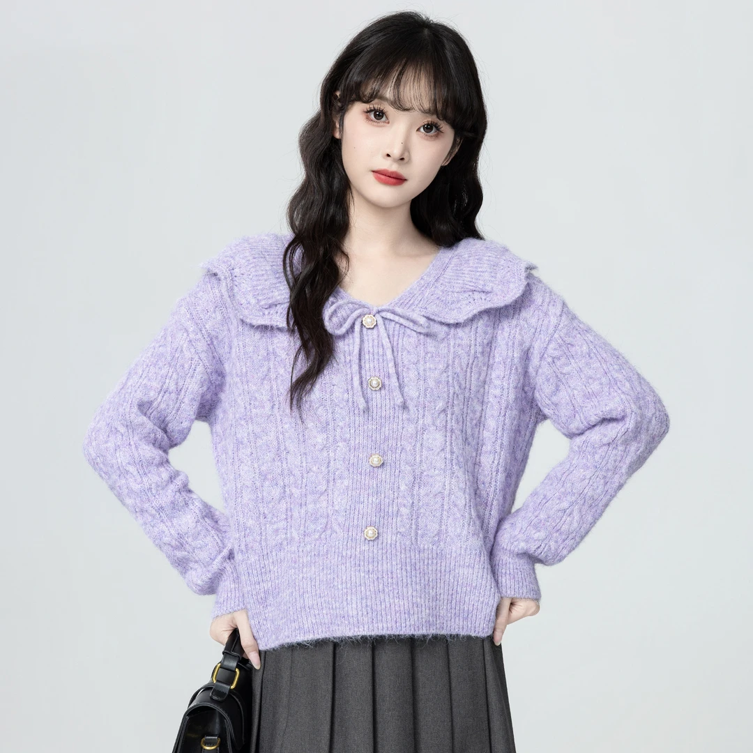 紫色娃娃领毛衣女春秋2025秋季新款设计感翻领针织衫软糯短款上衣