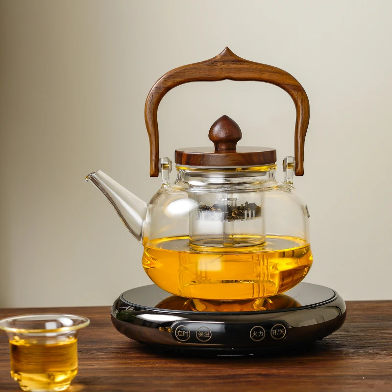 横硕合金超薄炉1300W家用煮茶器电陶炉配璃花堂透明木莲壶套装