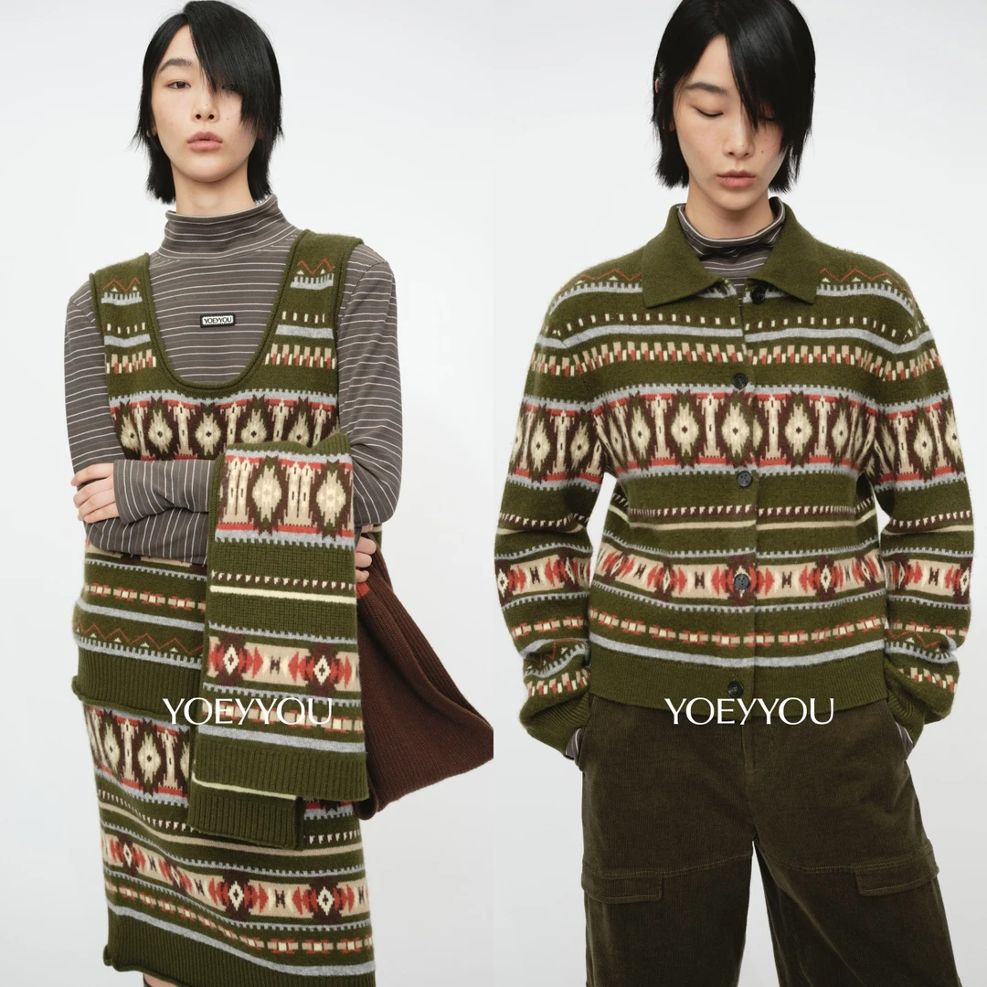 YOEYYOU提花直身毛织背心 费尔岛提花开衫