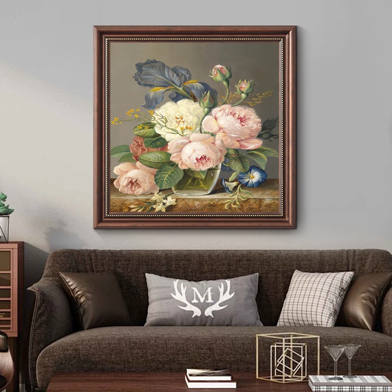 《瓶中牡丹-正方型》美式客厅装饰画卧室花卉挂画餐厅油画壁画过道