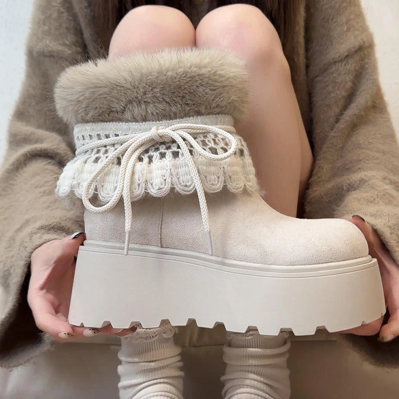 复古防滑短靴防寒保暖棉靴厚底舒适增高花边雪地靴女2025秋冬新款
