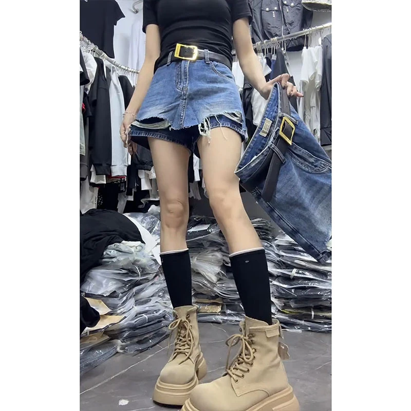 夏季新款韩版高腰牛仔短裤女宽松显瘦百搭设计感小个子破洞裤裙