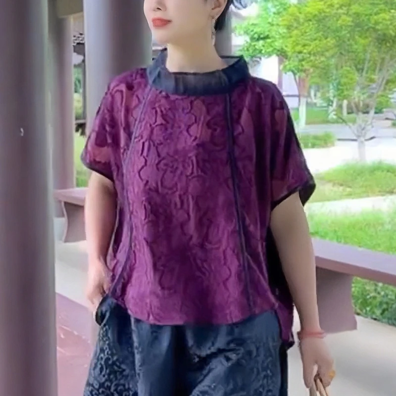 2025夏季新款紫色短袖衬衫女宽松时尚显瘦遮肚网纱拼接体恤上衣
