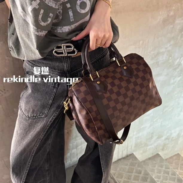95新 LouisVuitton/路易威登 复燃精选/speedy25棋盘格肩带款18年