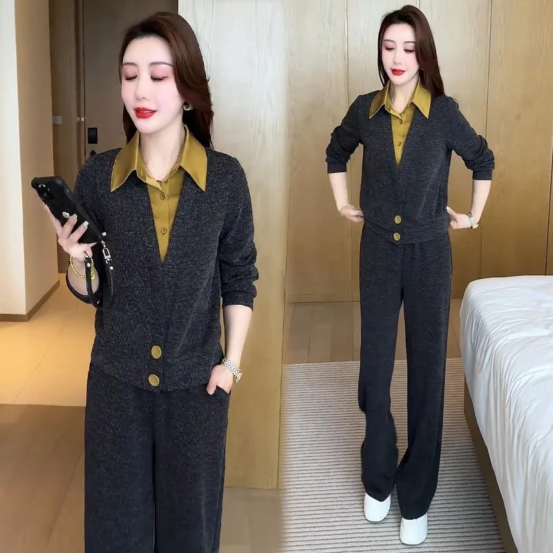 时尚休闲套装女2025春季新款洋气衬衫拼接假两件上衣阔腿裤两件套