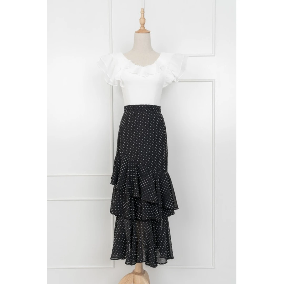 【MonTendre】夏季新款 V 透气舒适千金显瘦高腰体积分层波点半身裙