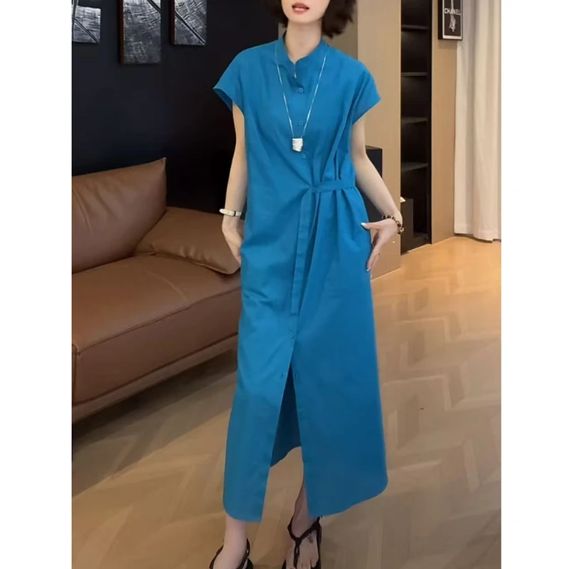 （现货）时尚棉麻连衣裙收腰绑带显瘦单排扣气质连衣裙