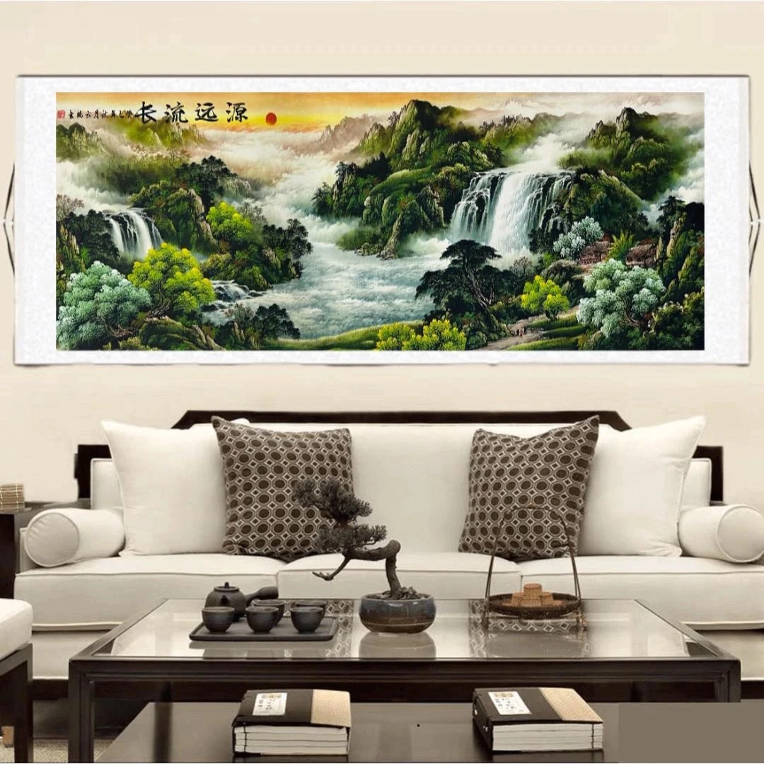 2.8米✖️96绿源远流长山水卷轴挂画