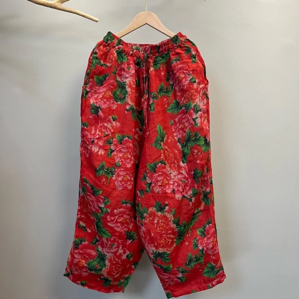 凤颜纱-春款100支苎麻双层老爹裤松紧腰印花长款宽松显瘦百搭洋气