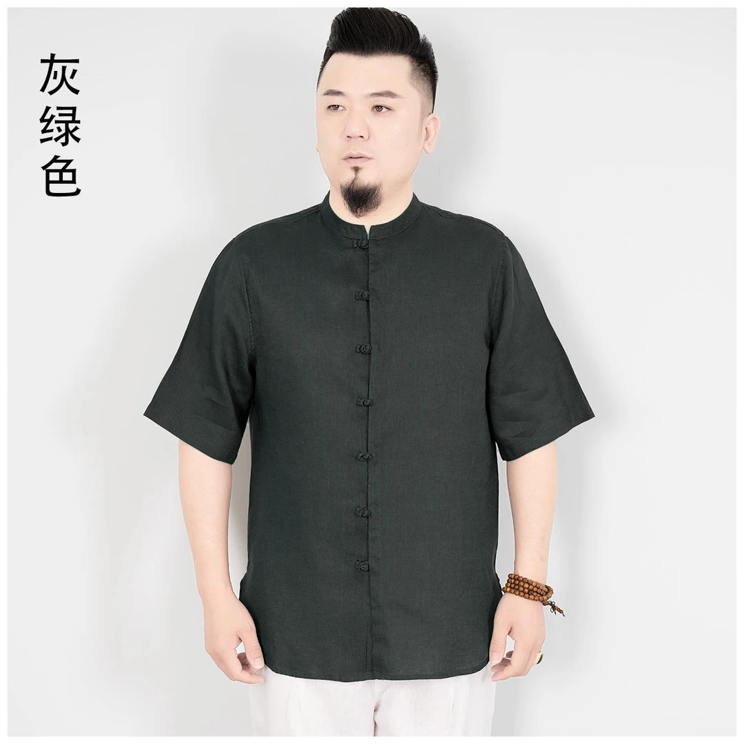 夏季男装衬衫纯亚麻短袖衬衣中式立领宽松大码薄款休闲上衣