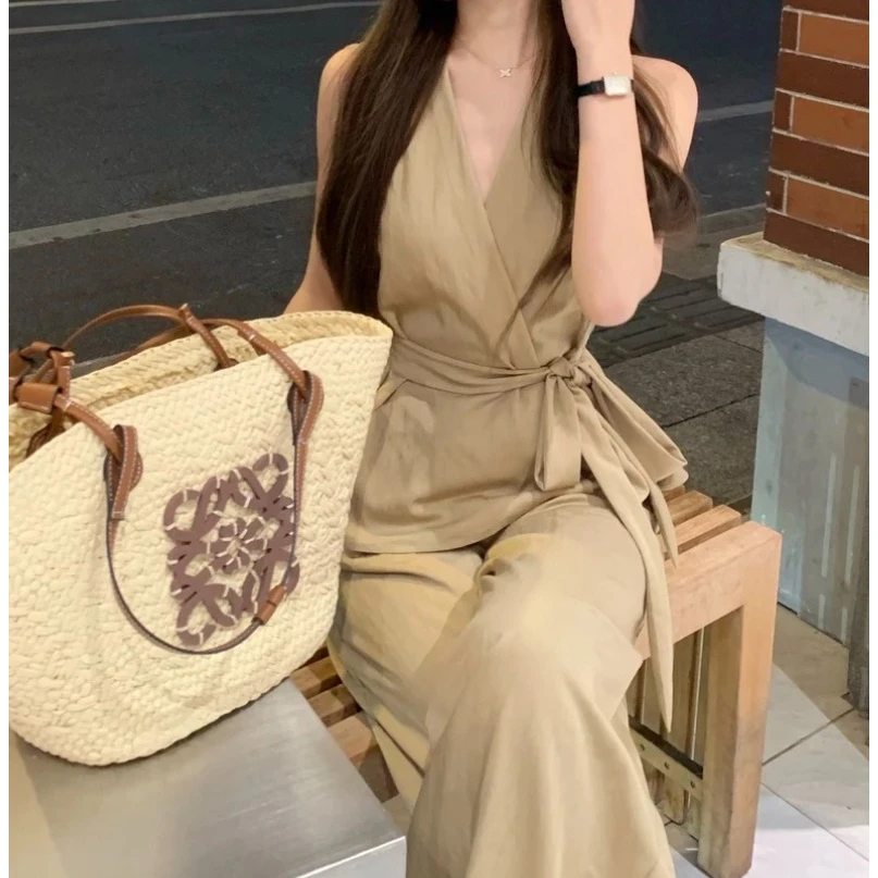 韩系气质V领绑带背心上衣夏季新款小众设计感高腰阔腿长裤两套装