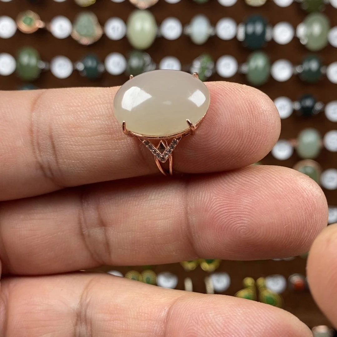 和田玉（青白玉）戒指银S925镀金镶嵌