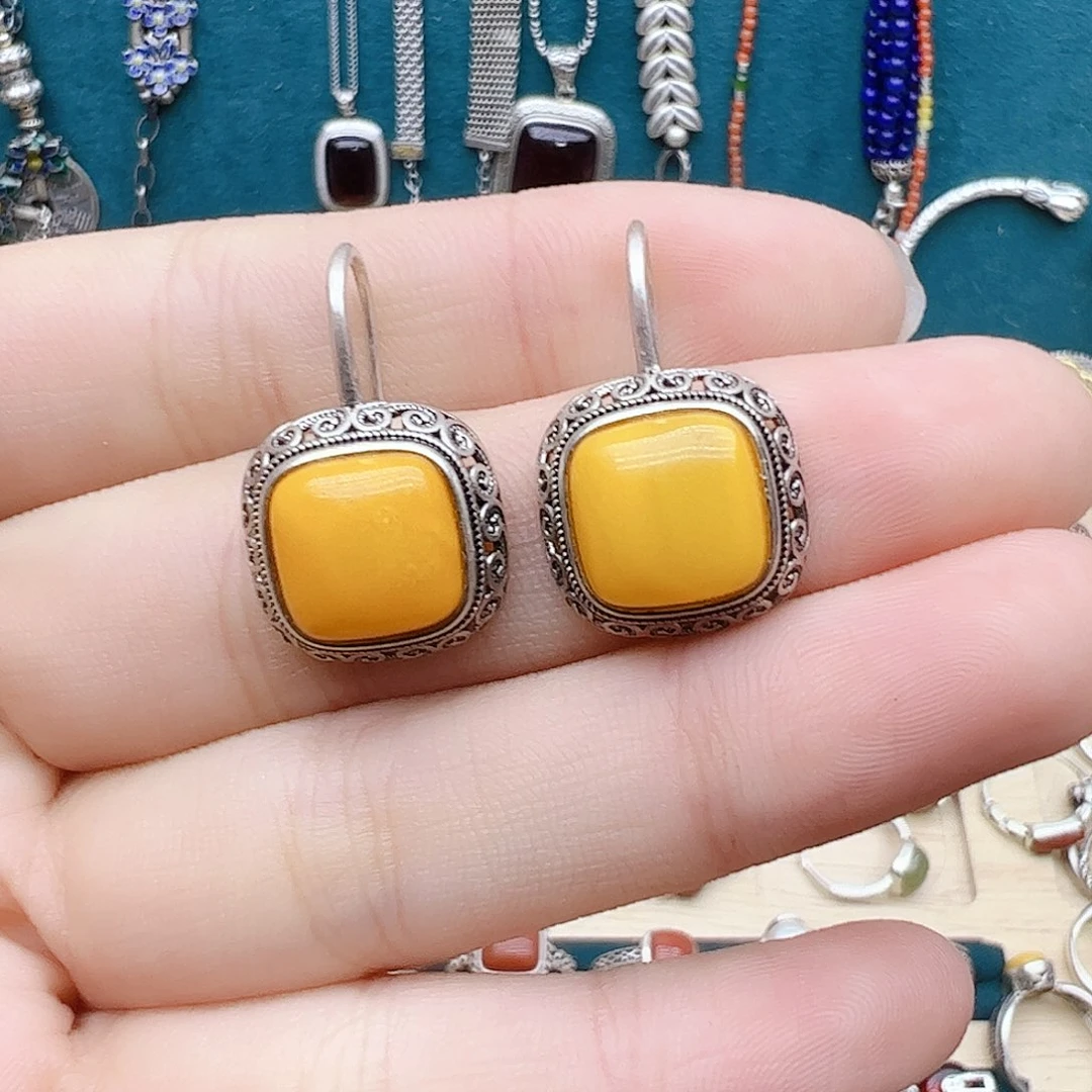 蜜蜡耳饰银S925镶嵌天然蜜蜡