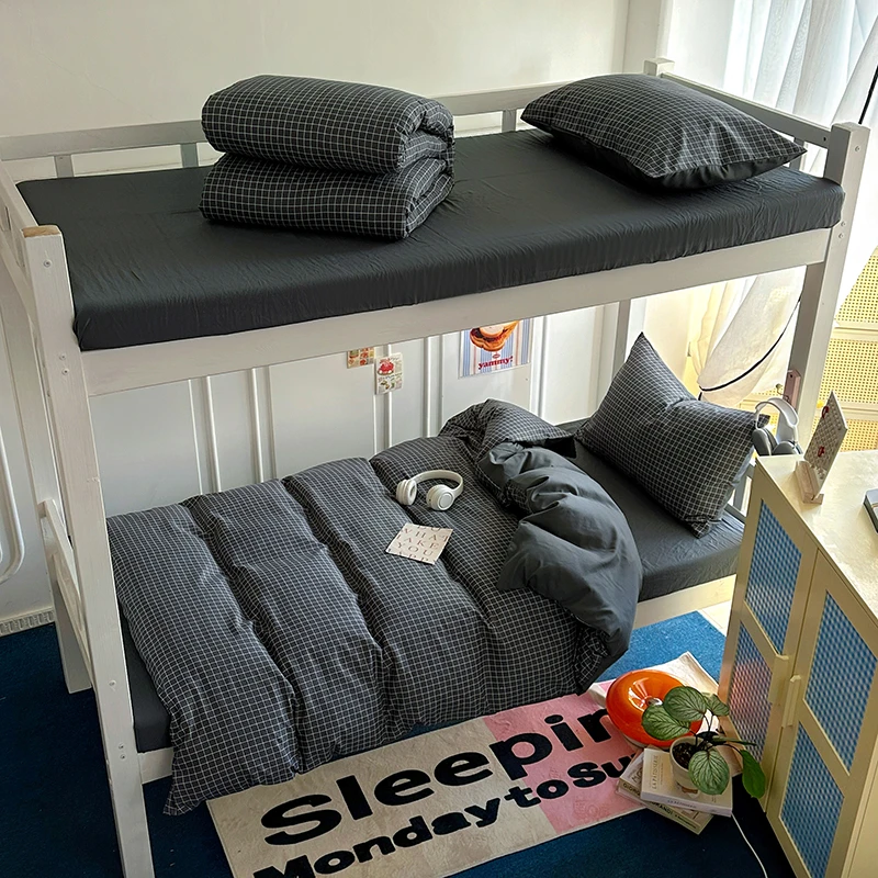 2025新款纯色水洗棉学生床单人床单被套 格子-灰小格