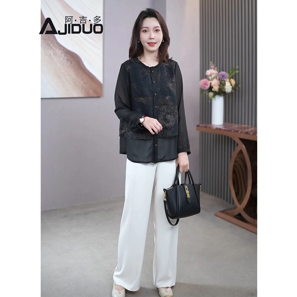 A31370阿吉多45-55岁高档妈妈装长袖衬衫女2025秋装新款大码上衣
