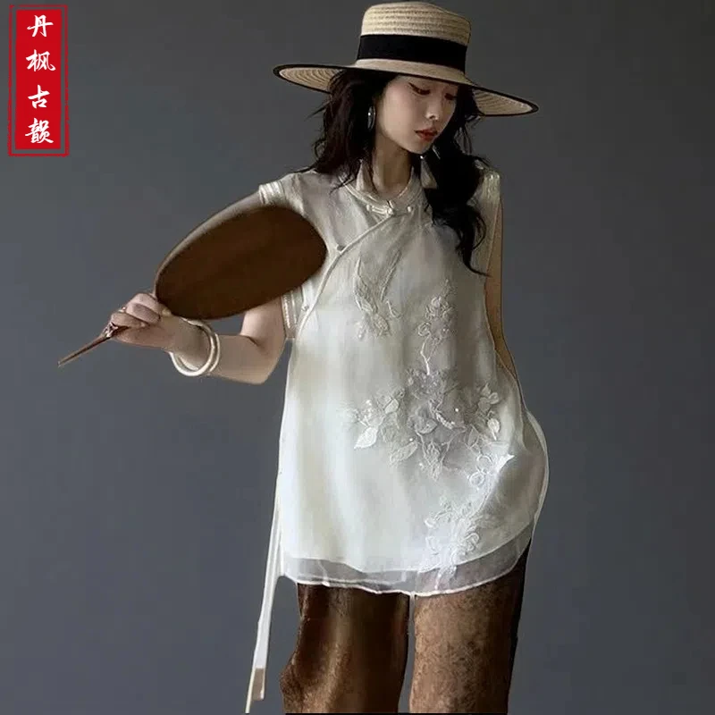 【2025】夏季新款新中式盘扣提花独特设计感小众白色无袖国风衬衫