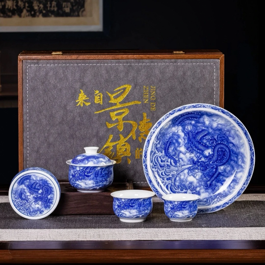 景德镇手工手作釉下彩青花龙吸水高端陶瓷茶具套组（带礼盒）