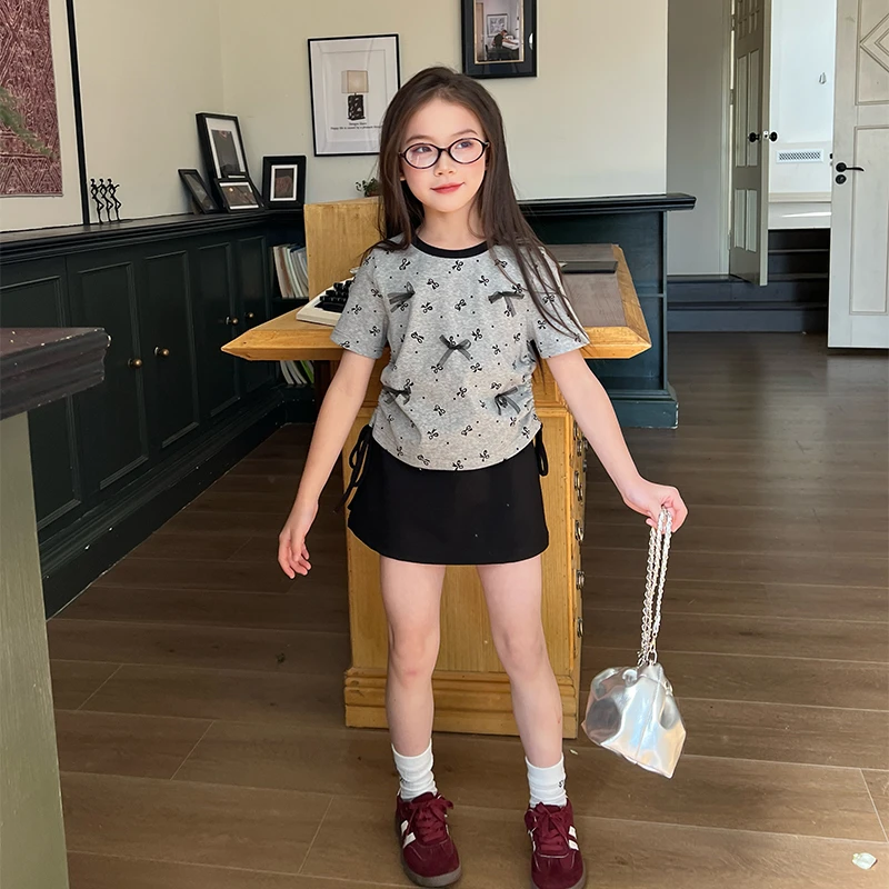 栀了成长记童装女童蝴蝶结短袖T恤夏季半身裙宝短款体恤洋气上衣