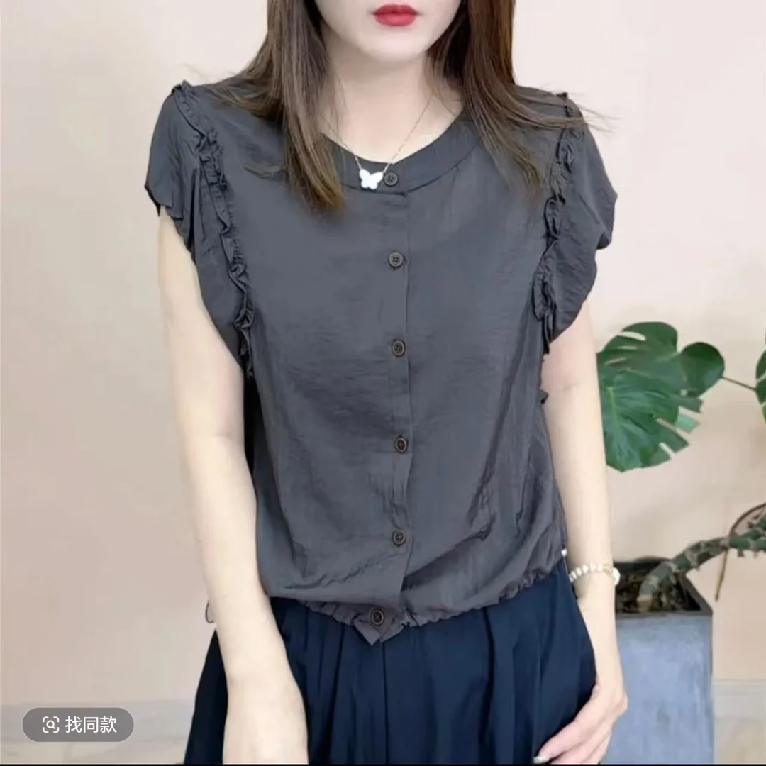 2025夏季新品时尚百搭宽松显瘦法式洋气设计感女士短袖上衣