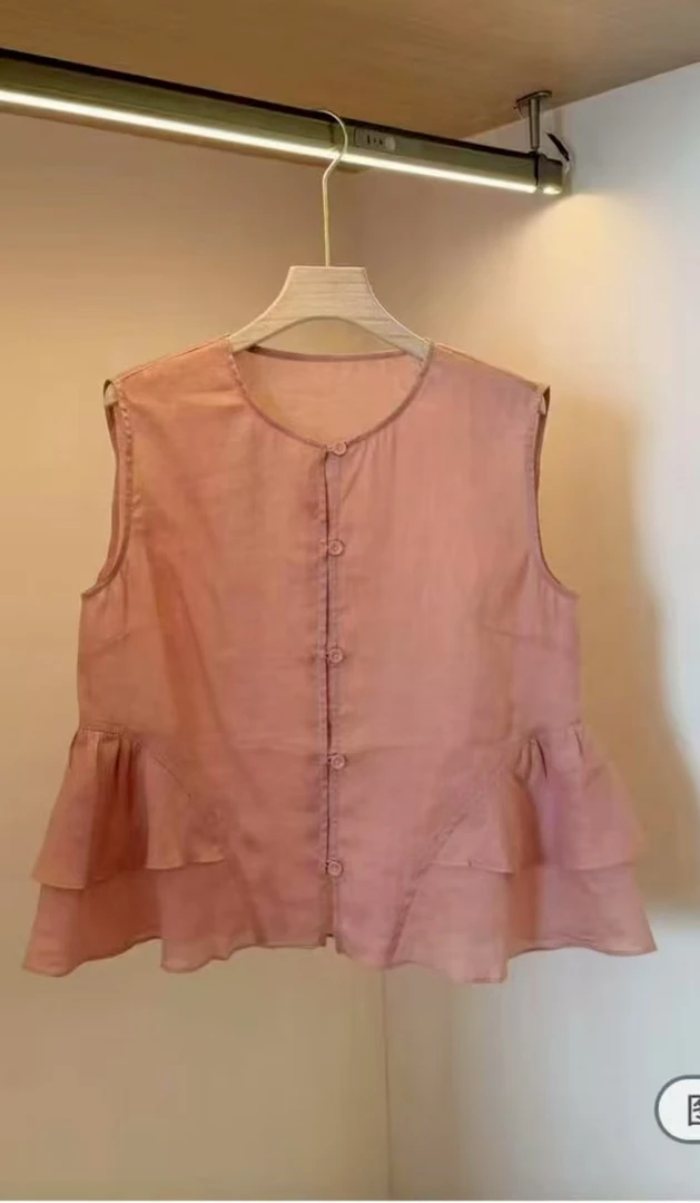 夏季圆领单排扣荷叶边无袖小衫时尚气质