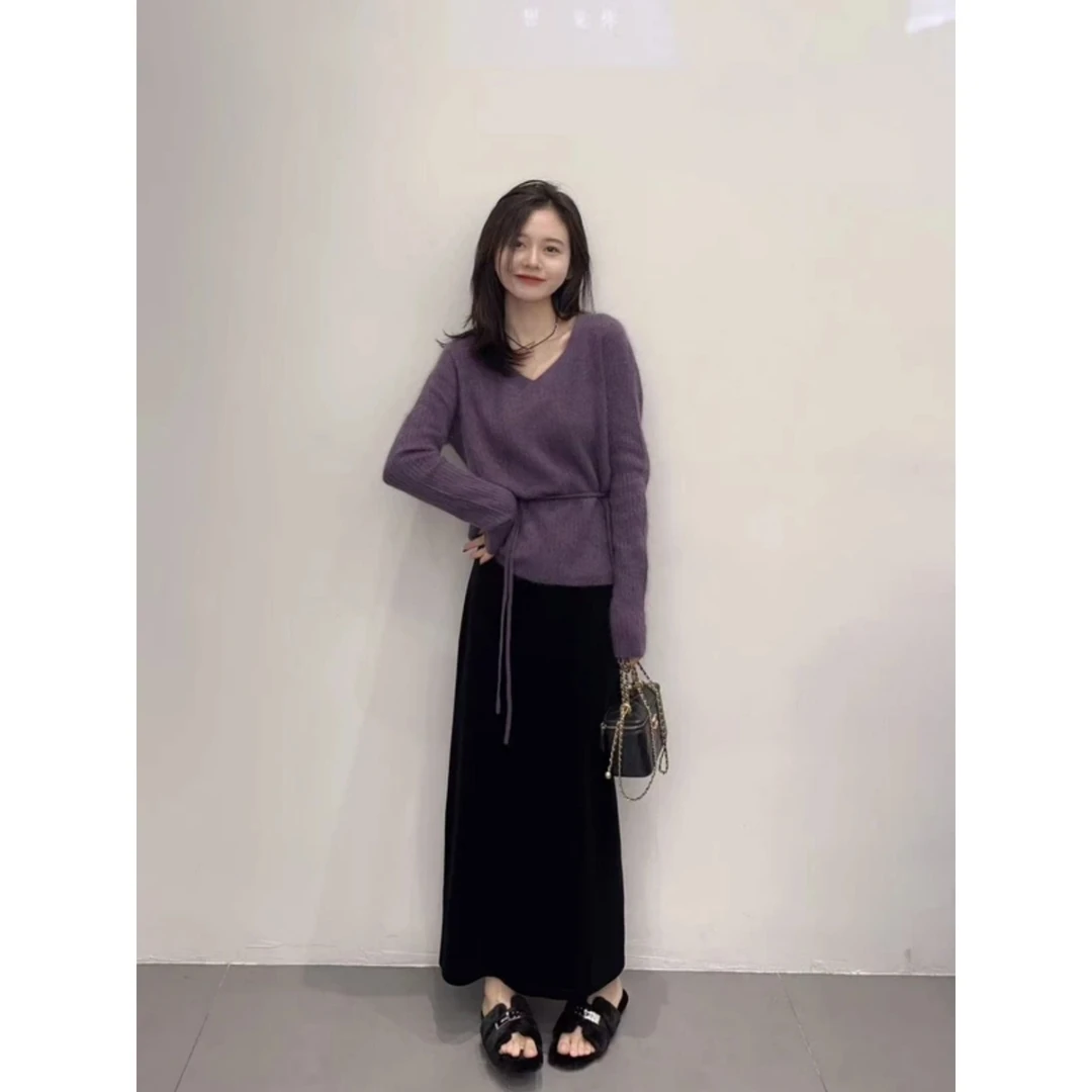 2025秋季新款韩系紫色长袖针织衫毛衣女慵懒风别致显瘦上衣半身裙