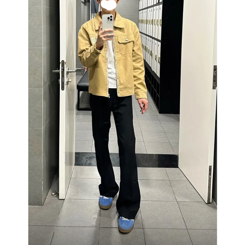 黑色痞帅弯刀牛仔裤男款秋季微喇cleanfit裤子美式高街显瘦直筒裤