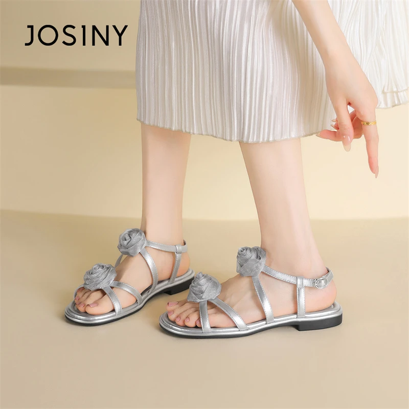 卓诗尼 夏季新款仙女风玫瑰花罗马凉鞋女平底银色山茶花配裙子