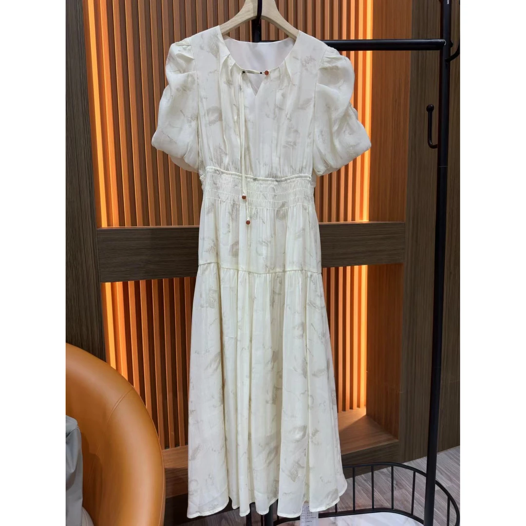 新款时尚百搭气质显瘦连衣裙白绿花图 70777