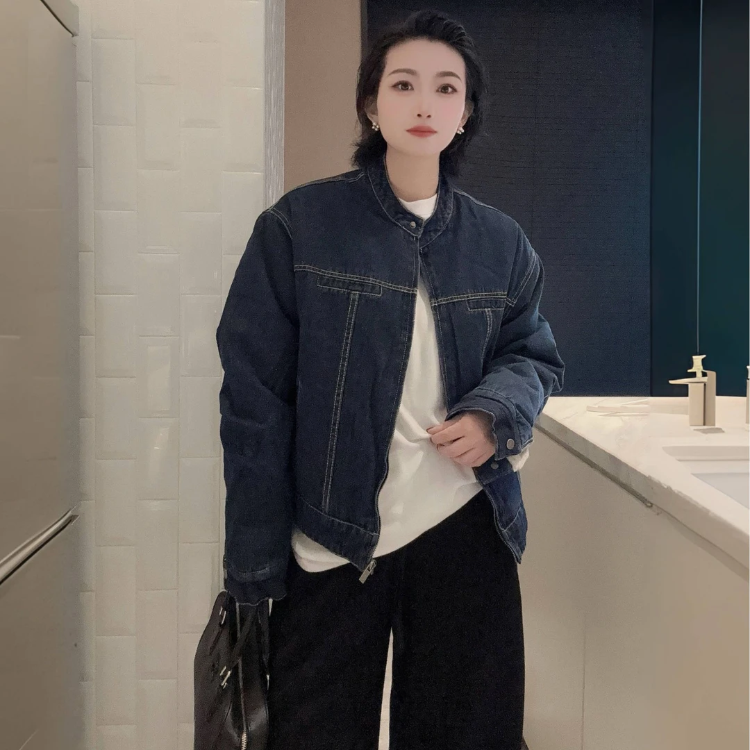 YUXI▪2025冬季新款美式复古短款休闲夹毛工装牛仔外套女