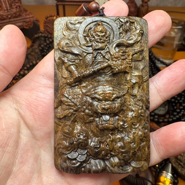 沉香木木雕5/8武财神赵公明-绳子款印尼木雕双面精工雕刻挂件