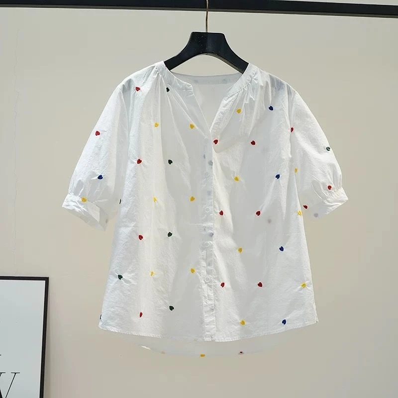 时尚刺绣纯棉衬衣女夏季文艺休闲宽松显瘦洋气女士衬衫短袖上衣