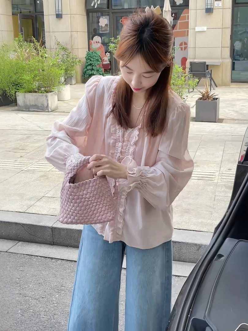 法式木耳边v领长袖衬衫女2025新款爆款春秋季高级感独特漂亮上衣