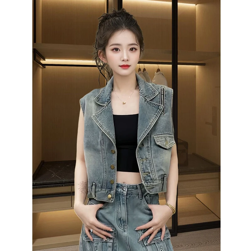 牛仔马夹女款夏季时髦港风复古拉链外搭无袖坎肩背心马夹短款外套