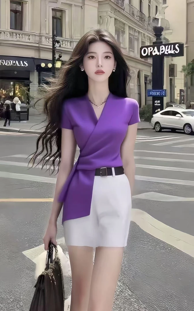 新款时尚温柔风紫色修身短袖V领收腰不规则上衣+白色百搭半身裙女