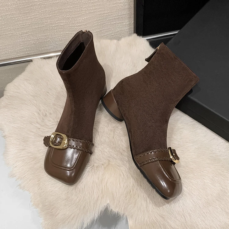 牛皮+羊皮~3cm秋冬新款复古棕色方头粗跟真皮短靴女法式短筒裸靴