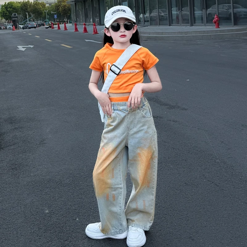 女童休闲时尚宽松牛仔裤套女孩夏装洋气时髦短袖T恤套装2025新款