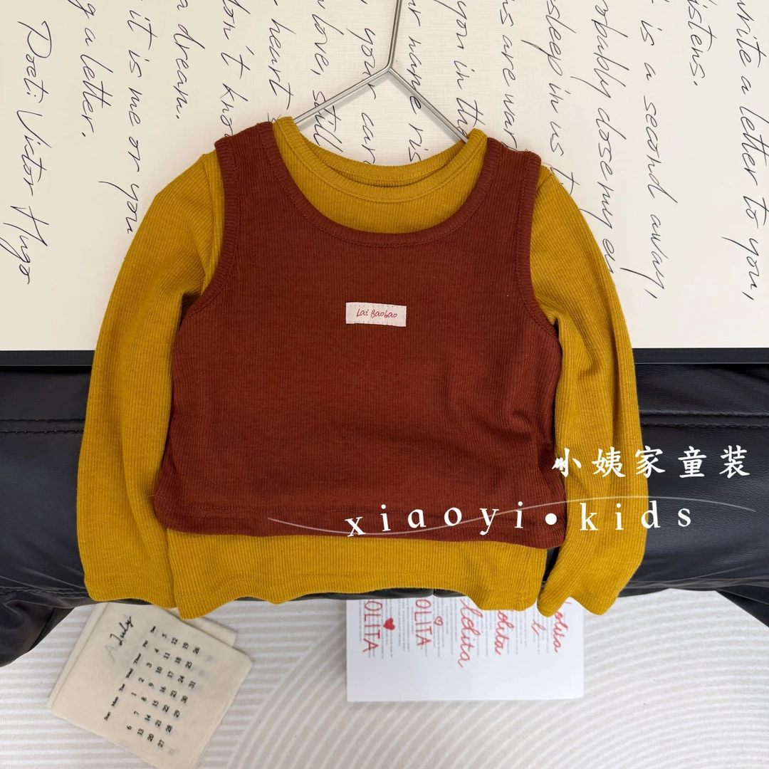 【亲子装】秋上新女童长袖t恤背心叠穿秋装上衣两件套