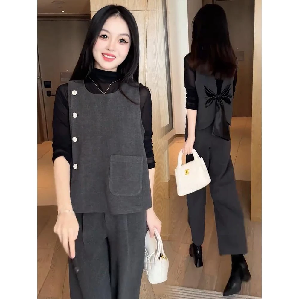 时尚套装女2025秋季新款洋气半高领打底衫蝴蝶结马甲阔腿裤三件套