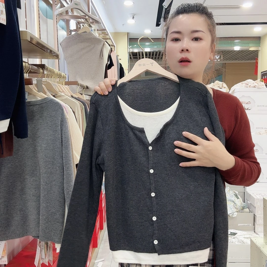 棉灰色假两件毛衫打底