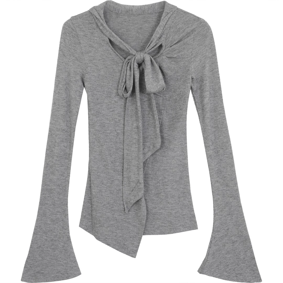 现货！秋季洋气灰色不规则荷叶边飘带长袖t恤独特别致超好看女上衣