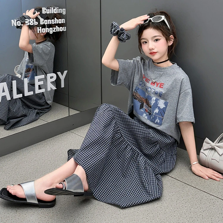 女童夏季套装薄款格子少女风休闲半身裙子中大童6-12岁短袖T恤潮