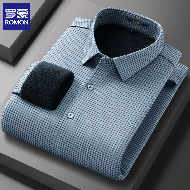 罗蒙绵羊毛加绒衬衫男士保暖加厚休闲格子中老年爸爸装加大码衬衣