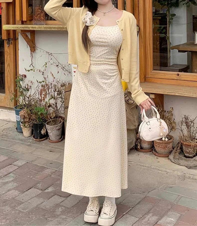 法式灰色开衫搭吊带连衣裙子2025新款女春季小个子高级感长裙套装