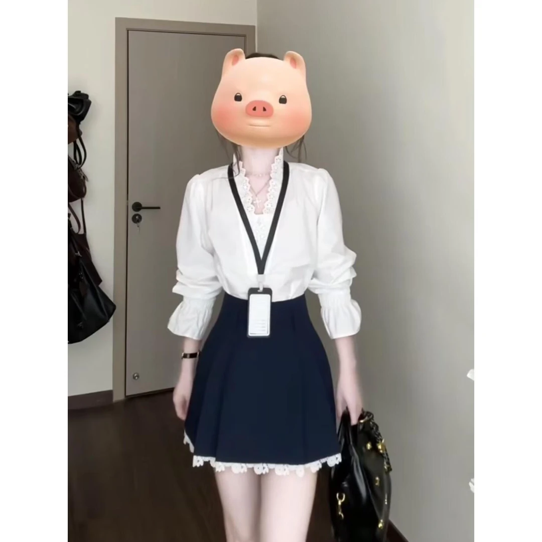 小个子职业套装高腰A字短裙女气质蕾丝黑色半身裙子配花边V领衬衫
