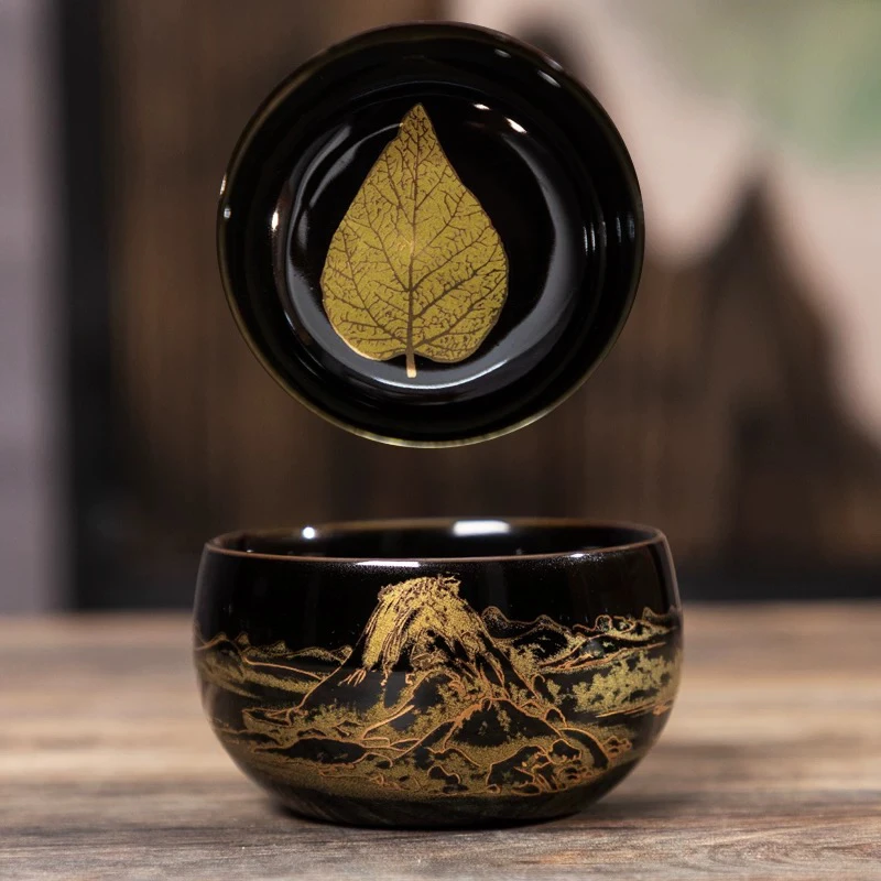 陶瓷乌金金叶功夫茶杯茶具茶盏喝茶品茗杯主人杯@224